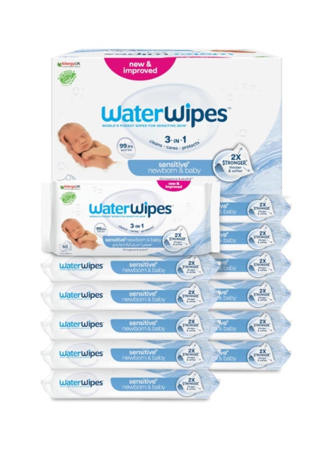 WaterWipes Sensitive+ Newborn & Baby Wipes, 12 Packs, 720 Total Wipes, 99.9% Water, Fragrance Free & Alcohol Free - Image 1