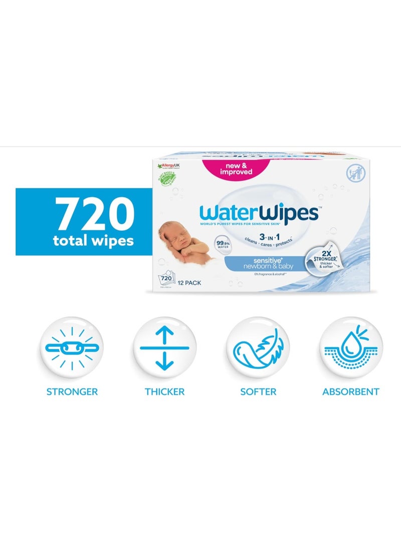 WaterWipes Sensitive+ Newborn & Baby Wipes, 12 Packs, 720 Total Wipes, 99.9% Water, Fragrance Free & Alcohol Free - Image 2