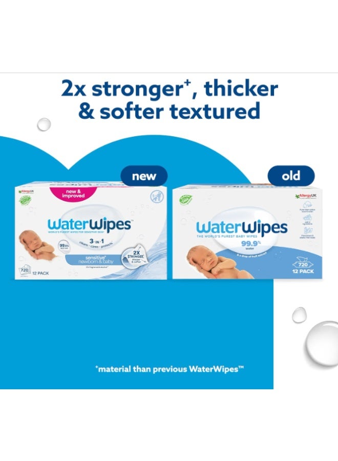 WaterWipes Sensitive+ Newborn & Baby Wipes, 12 Packs, 720 Total Wipes, 99.9% Water, Fragrance Free & Alcohol Free - Image 3
