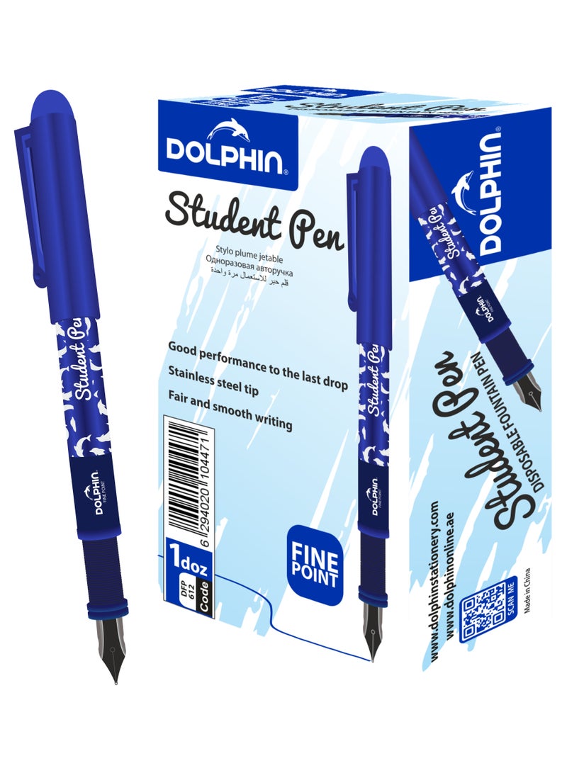 Dolphin Student Disposable Fountain Pen Blue Ink, Fine Tip, Smooth Writing, Pack of 12