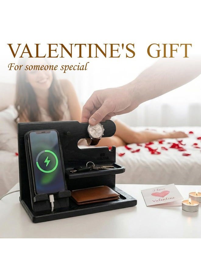 TESLYAR Wood Phone Docking Station Ash Key Holder Wallet Stand Watch Organizer Men Gift Husband Wife Anniversary Dad Birthday Nightstand Purse Father Graduation Male Travel Idea Gadgets (Black) - Image 4