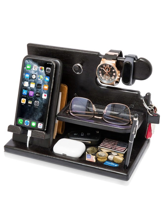 TESLYAR Wood Phone Docking Station Ash Key Holder Wallet Stand Watch Organizer Men Gift Husband Wife Anniversary Dad Birthday Nightstand Purse Father Graduation Male Travel Idea Gadgets (Black) - Image 1
