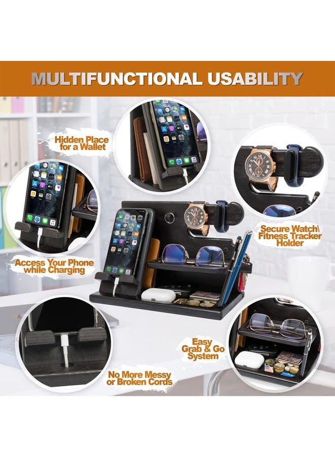 TESLYAR Wood Phone Docking Station Ash Key Holder Wallet Stand Watch Organizer Men Gift Husband Wife Anniversary Dad Birthday Nightstand Purse Father Graduation Male Travel Idea Gadgets (Black) - Image 5
