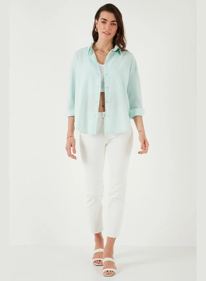 ليلا قميص نسائي قطني بأكمام طويلة وقصة عادية سادة