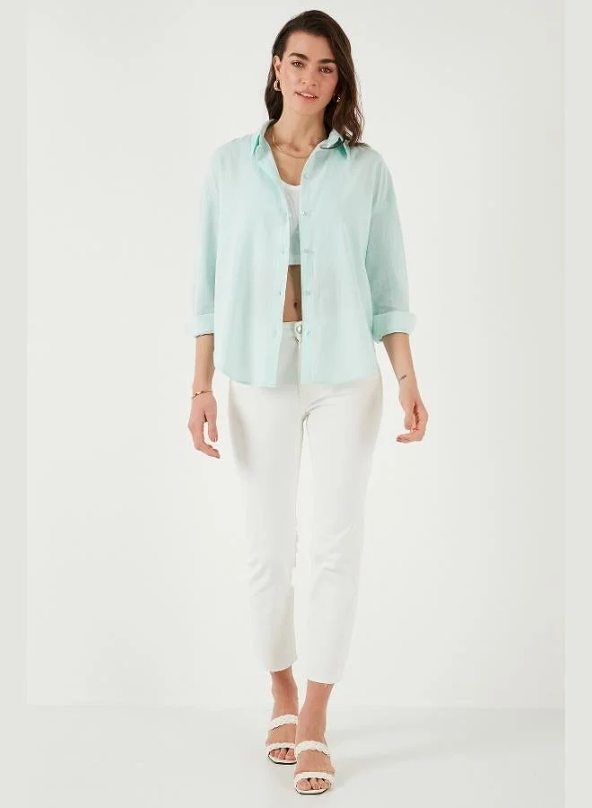 ليلا قميص نسائي قطني بأكمام طويلة وقصة عادية سادة