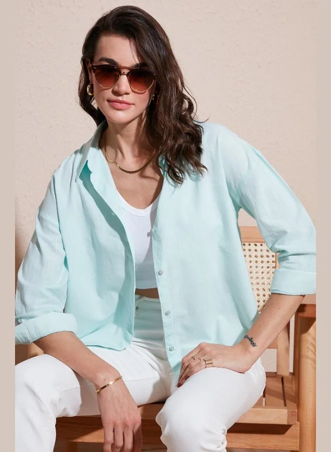 ليلا قميص نسائي قطني بأكمام طويلة وقصة عادية سادة