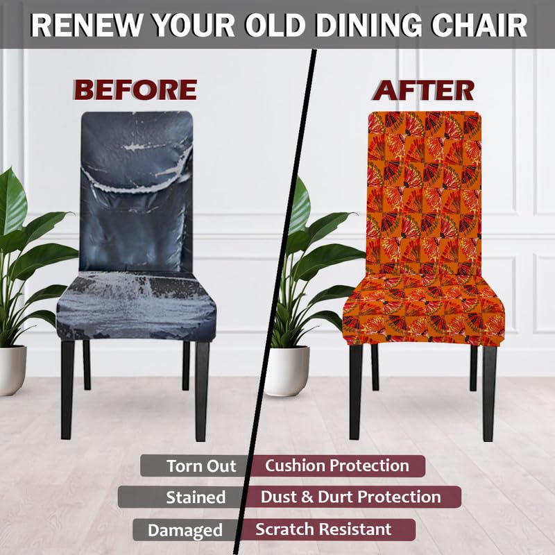 HOTKEI Pack of 4 Orange Printed 200 GSM Dining Table Chair Cover Stretchable Slipcover Seat Protector Removable 1pc Polycotton Dining Chairs Covers for Home Hotel Dining Table Chairs - Image 2