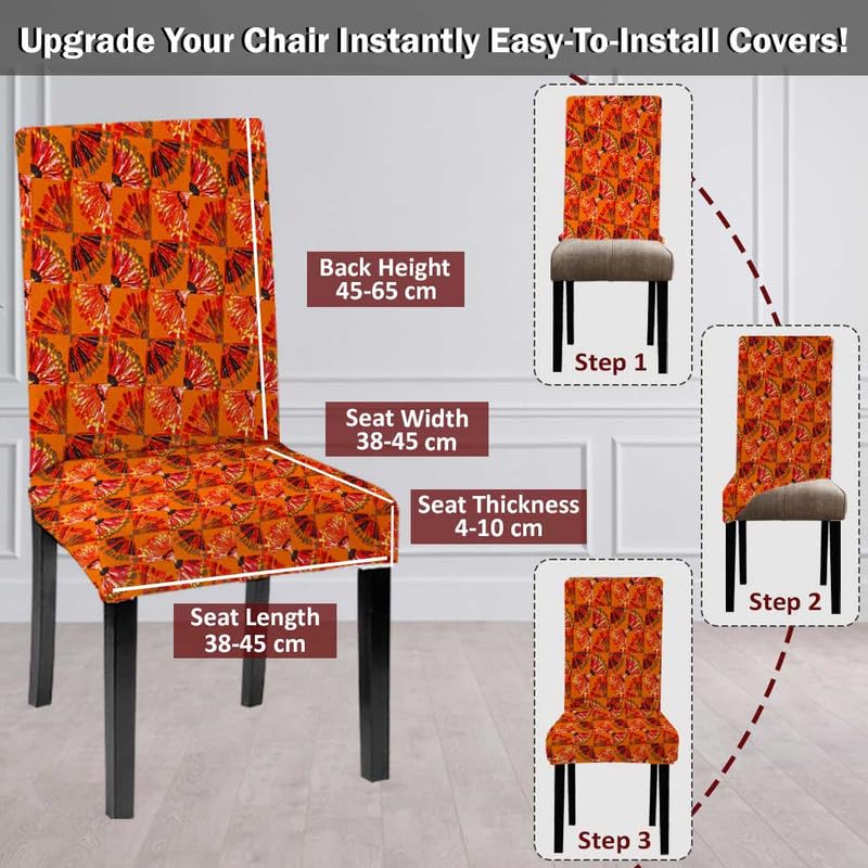 HOTKEI Pack of 4 Orange Printed 200 GSM Dining Table Chair Cover Stretchable Slipcover Seat Protector Removable 1pc Polycotton Dining Chairs Covers for Home Hotel Dining Table Chairs - Image 3