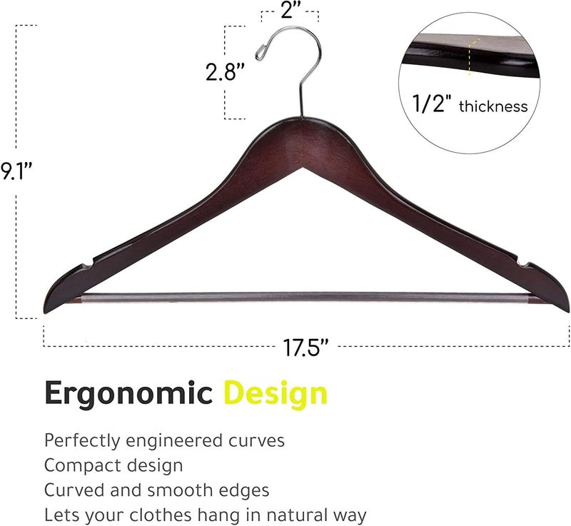 Quality Hangers شماعات خشبية عالية الجودة - منحنية قليلاً، شماعات معطف من خشب الجوز الصلب مع خطافات كروم - ثقيلة، مجموعة 90 قطعة للملابس والجاكيتات والقمصان والبنطلونات والبدلات - Image 3