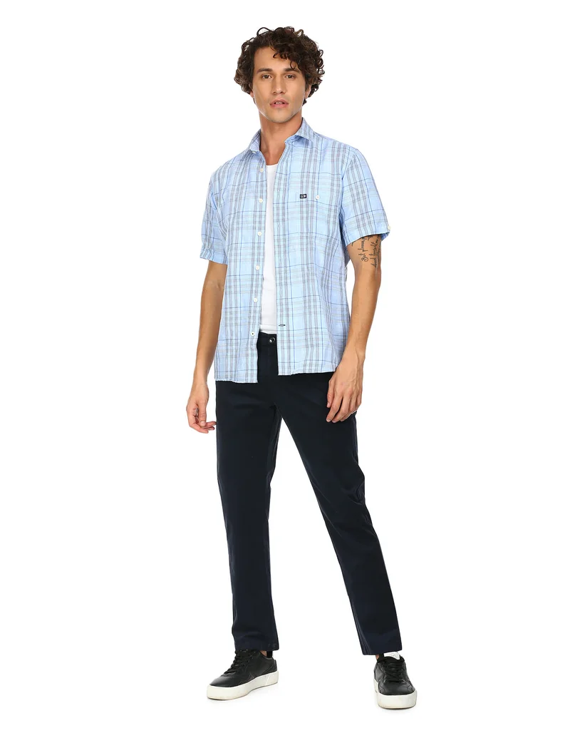 Arrow Navy Mid Rise Flat Front Casual Trousers for Men | Best Price UAE