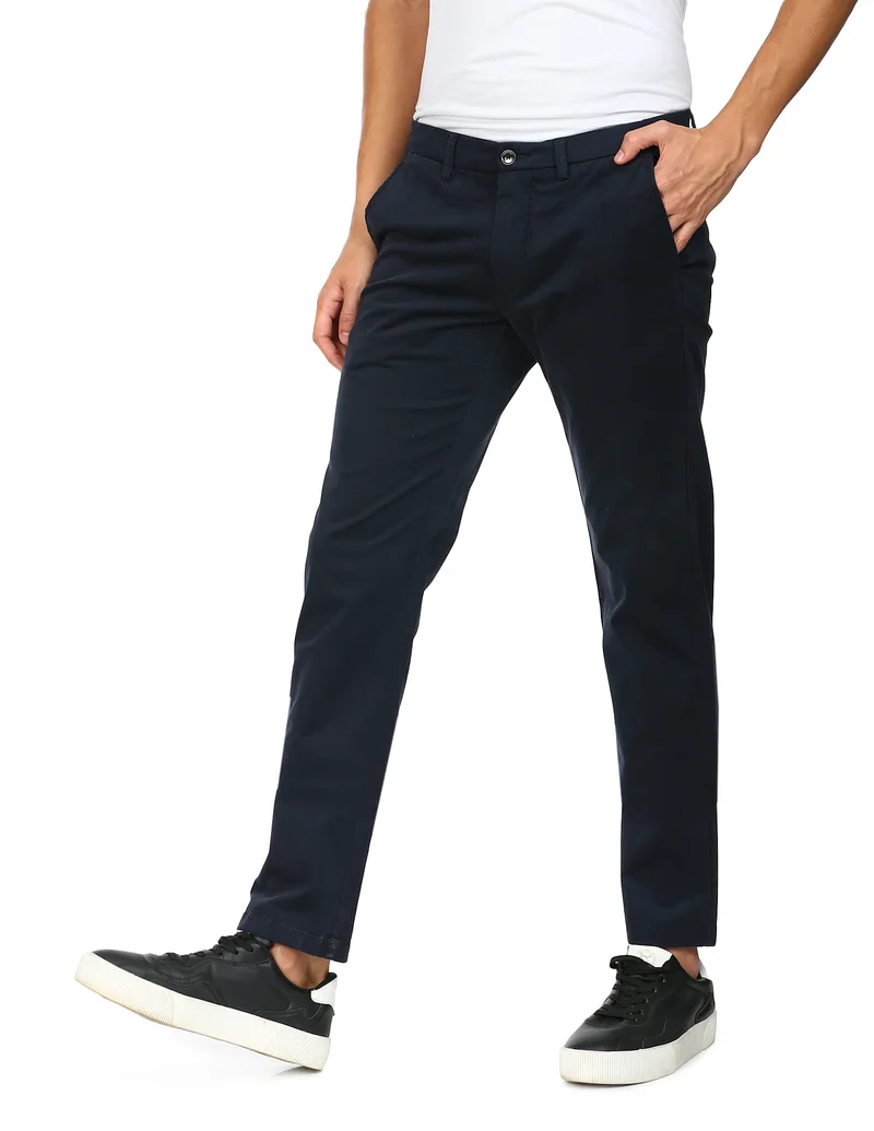 Arrow Navy Mid Rise Flat Front Casual Trousers for Men | Best Price UAE