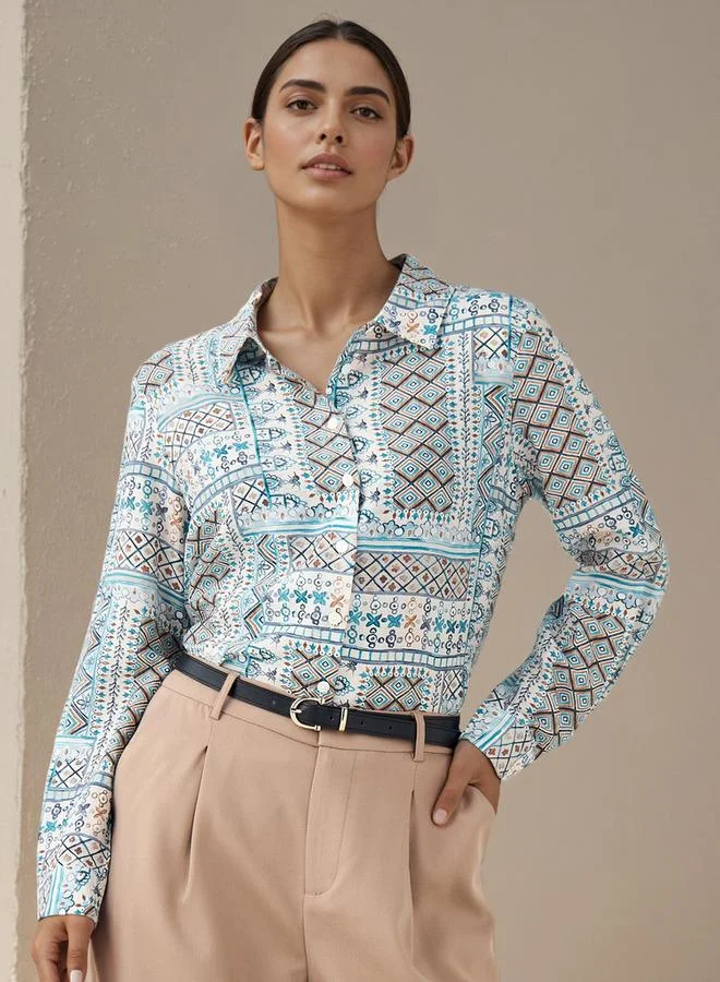 سبلاش فيڤ قميص فيسكوز مطبوع بقصة عادية وياقة