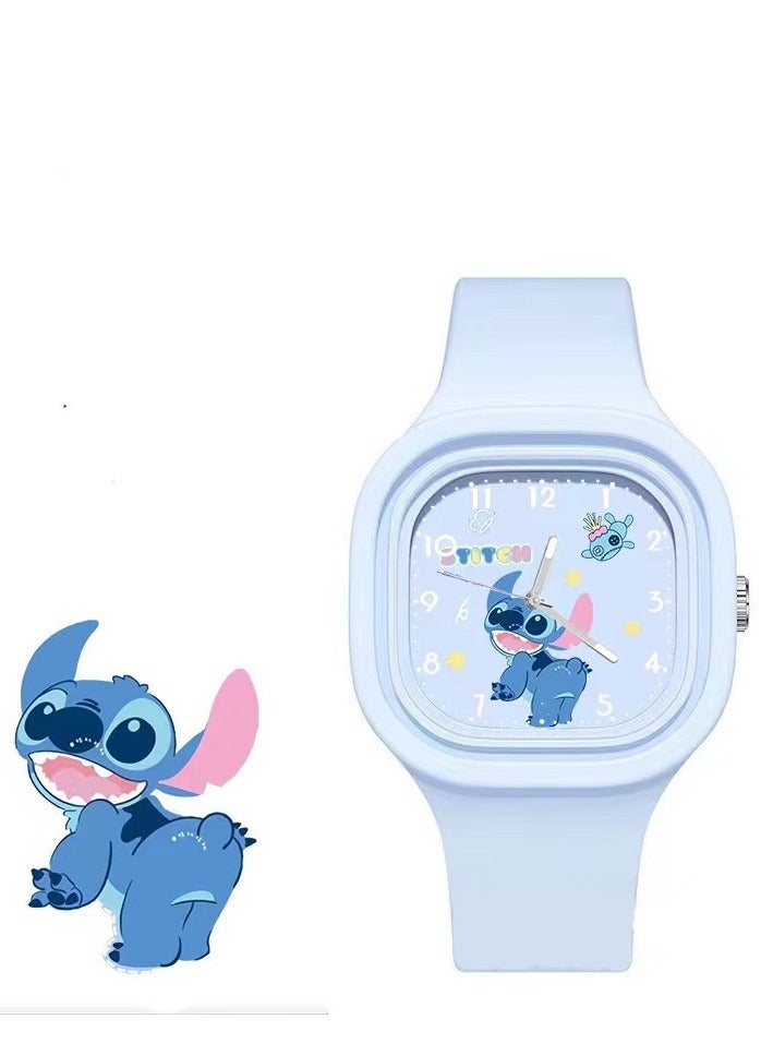 Blue Square Cartoon Stylish Pattern Children's Watch Silicone Strap Suitable for Kids of All Ages Gift Watches - Image 1
