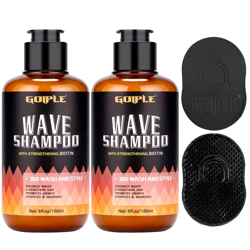 Goiple 2PCS Wash Shampoo for Black Men - 360 Waves Shampoo for Men Hydration Enhance Shampoos Biotin Hair Growth Shampoos with Wave Comb Hair Brush- Strengthens Hair Promote Growth Nourishes (12 FL OZ) - Image 1