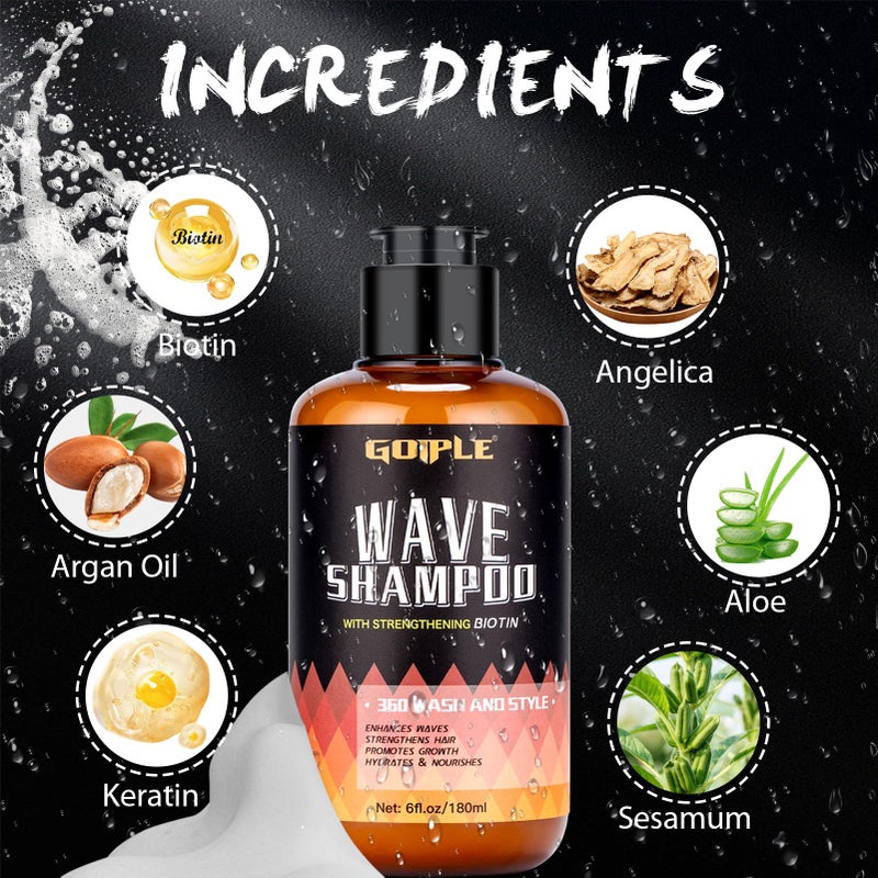 Goiple 2PCS Wash Shampoo for Black Men - 360 Waves Shampoo for Men Hydration Enhance Shampoos Biotin Hair Growth Shampoos with Wave Comb Hair Brush- Strengthens Hair Promote Growth Nourishes (12 FL OZ) - Image 3