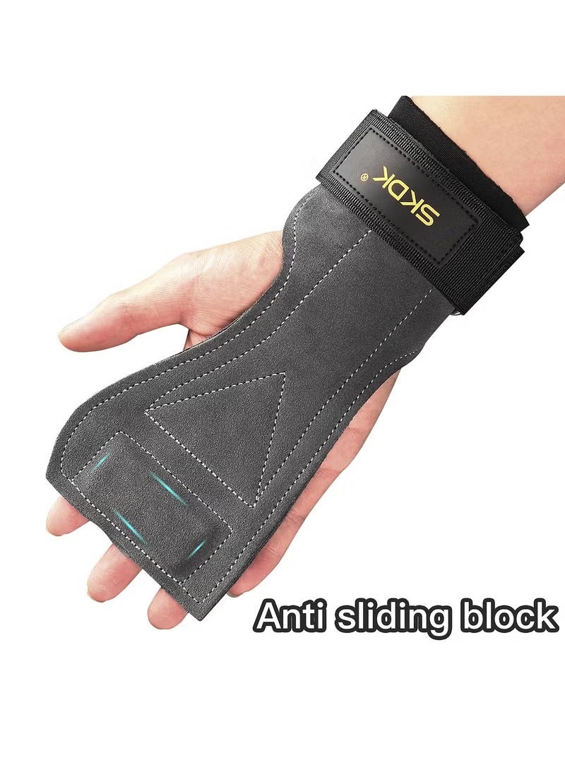 SKDK Weight Lifting Gym Gloves Hand Protector Grips Hooks Workout Straps Leather Palm Leather Padded Wrist Wraps Deadlifts（grey） - Image 1