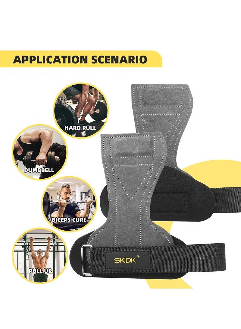 SKDK Weight Lifting Gym Gloves Hand Protector Grips Hooks Workout Straps Leather Palm Leather Padded Wrist Wraps Deadlifts（grey） - Image 4