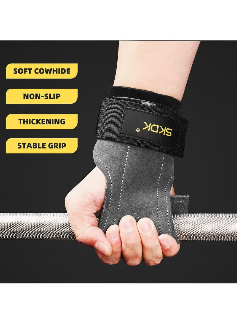 SKDK Weight Lifting Gym Gloves Hand Protector Grips Hooks Workout Straps Leather Palm Leather Padded Wrist Wraps Deadlifts（grey） - Image 3