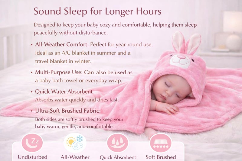 BRANDONN New Born Baby Blanket Pack of Super Soft Bathrobe Wrapper Bath Towel for Boys, Girls, Babies (Pink Rabbit, Length 82 cm x Width 82 cm, 0-12 Months) - Image 3