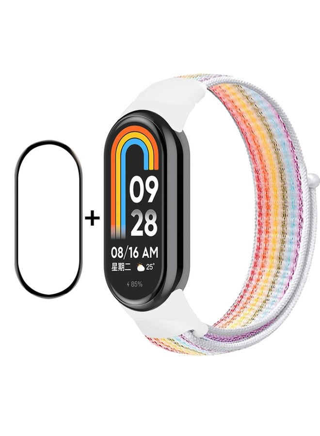 Replacement Strap For Xiaomi Mi Band 8 ENKAY Hat-Prince 2 in 1 Set Full Coverage Screen Protector + Nylon Loop Watch Band Rainbow+White
