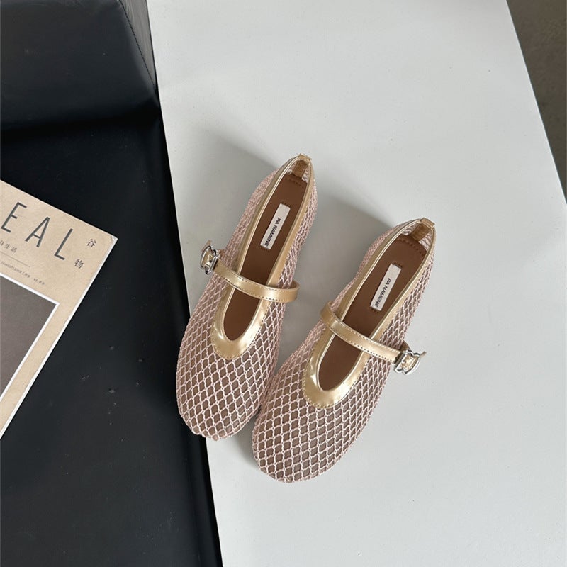 2024 Ballet Shallow Mouth Ballet Shoes Womens Full Diamond Flat Shoes Hollow Mary Jane Shoes Breathable Fishing Mesh Shoes Apricot - Image 1