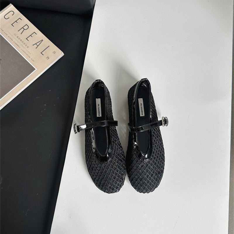 2024 Ballet Shallow Mouth Ballet Shoes Womens Full Diamond Flat Shoes Hollow Mary Jane Shoes Breathable Fishing Mesh Shoes Apricot - Image 2