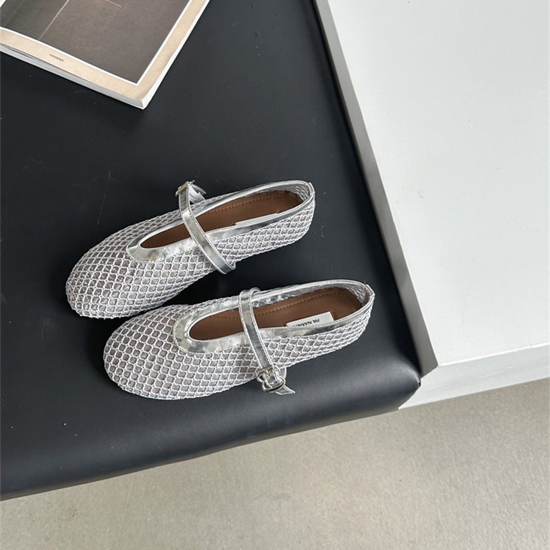 2024 Ballet Shallow Mouth Ballet Shoes Womens Full Diamond Flat Shoes Hollow Mary Jane Shoes Breathable Fishing Mesh Shoes Apricot - Image 3