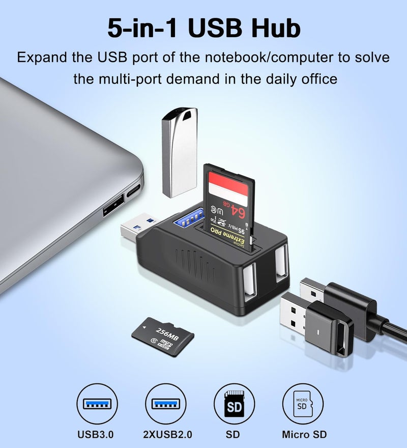 VIENON 5-Port USB 3.0 Hub with SD TF Card Reader, USB Extender Adapter with Memory SD/Micro SD Card Reader, USB 3.0/2.0 Ports, Portable USB Splitter for Laptop,PC, Camera, Flash Driver, HDD, Dash Cam - Image 2
