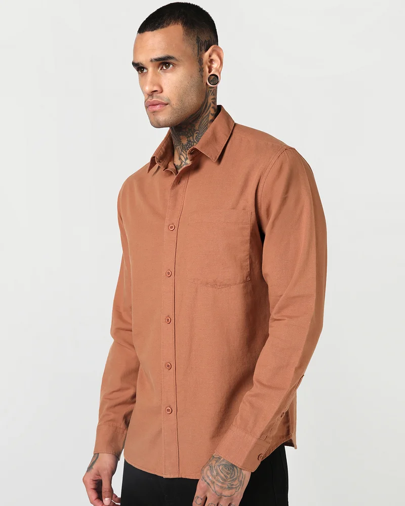 بيواكوف Men's Rust Orange Cotton Linen Shirt