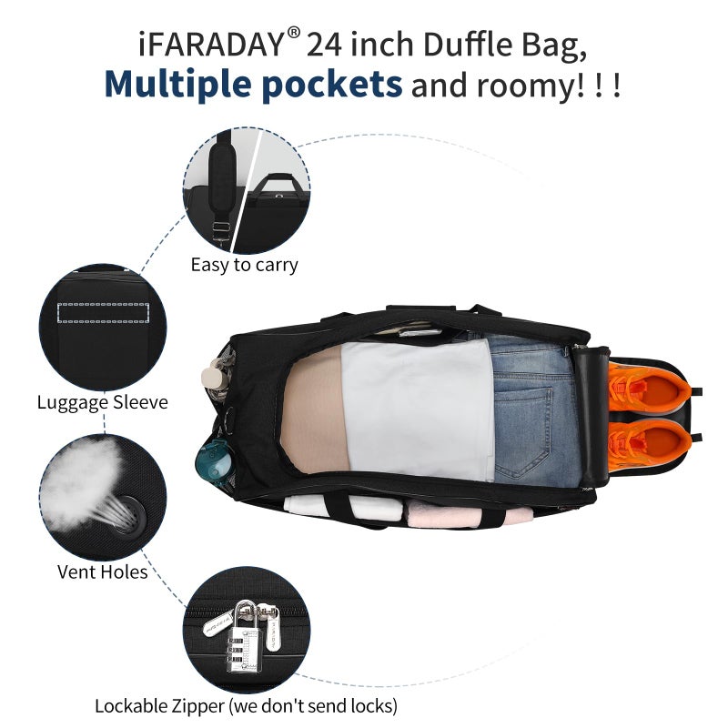 iFARADAY 47L Travel Duffel Bag with Shoe Compartment, Weekender Gym Duffle Bag with Luggage Sleeve & Multiple Pockets for Overnight Trips (Black) - Image 2