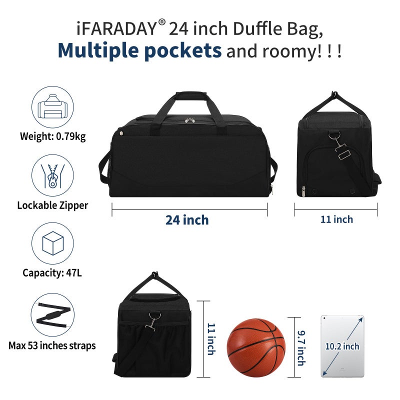 iFARADAY 47L Travel Duffel Bag with Shoe Compartment, Weekender Gym Duffle Bag with Luggage Sleeve & Multiple Pockets for Overnight Trips (Black) - Image 3