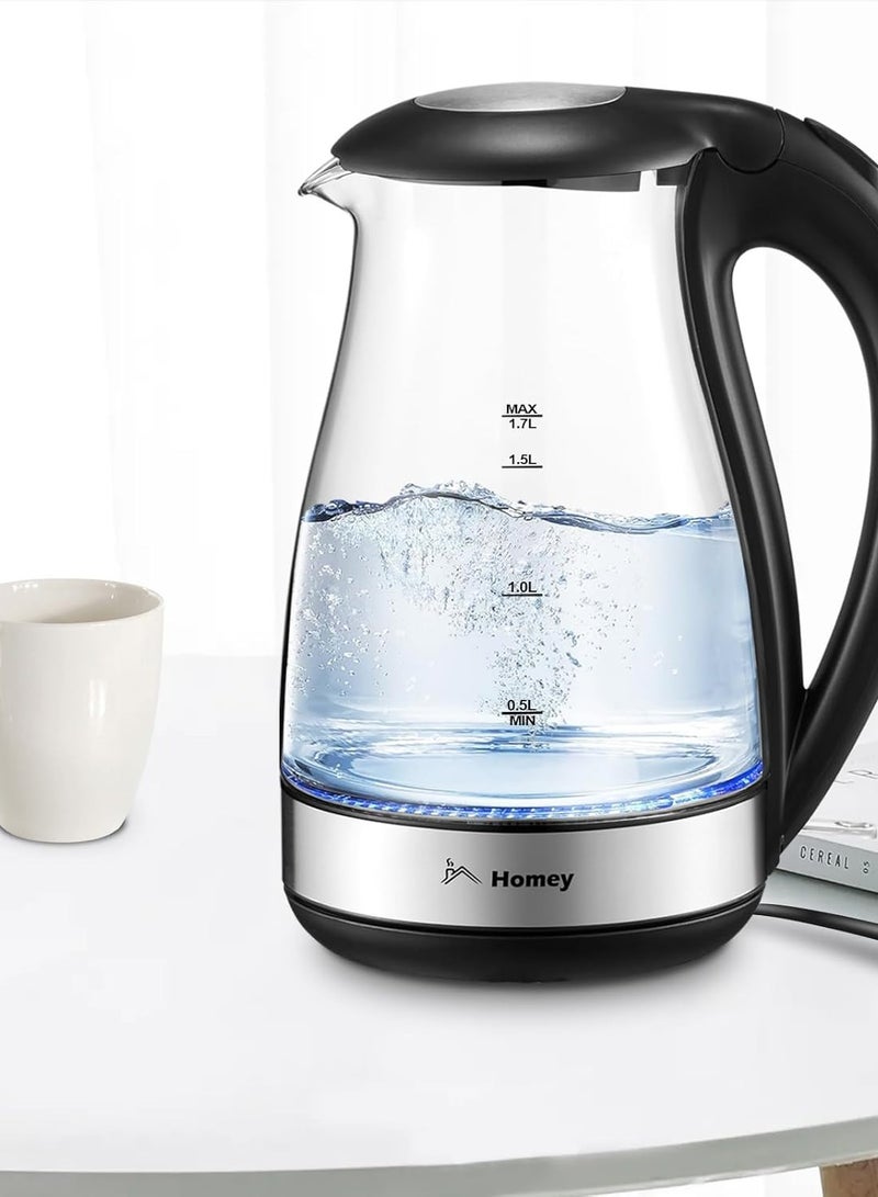 Homey Electric Glass Kettle 1.7L Capacity 1850-2200W Fast Boiling, Boil Dry Protection, Auto shut-off, LED Indicator, 1 year manufacturer warranty 