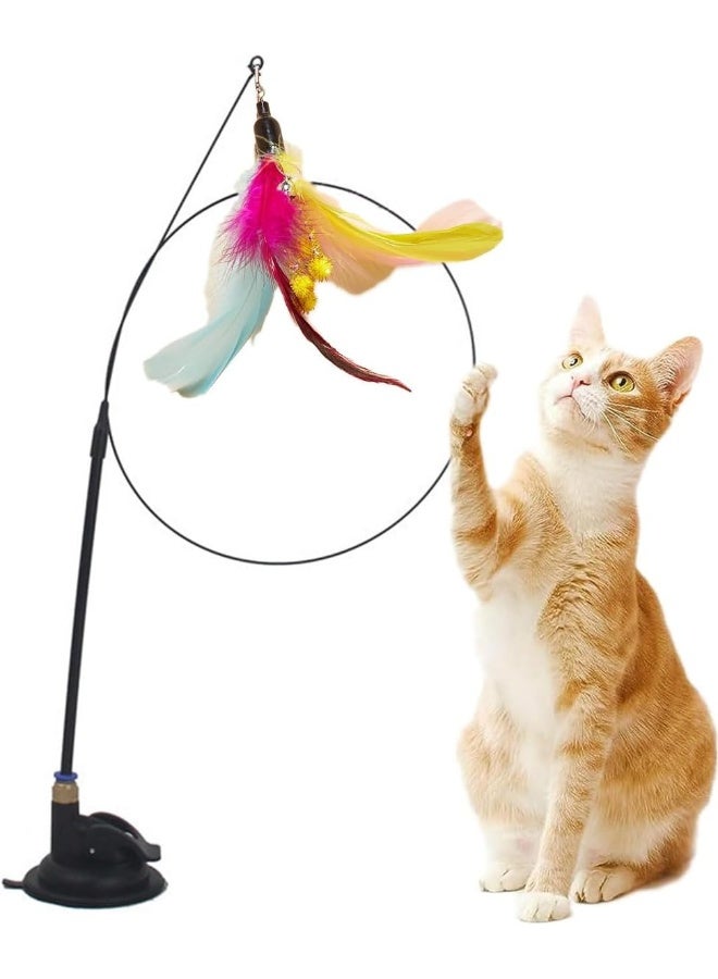 NeoStyle Cat Feather Toys, Cat Wand Toy with Powerful Suction Cup, Interactive Cat Toy Detachable Feather Replacements with Bell for Indoor Cats
