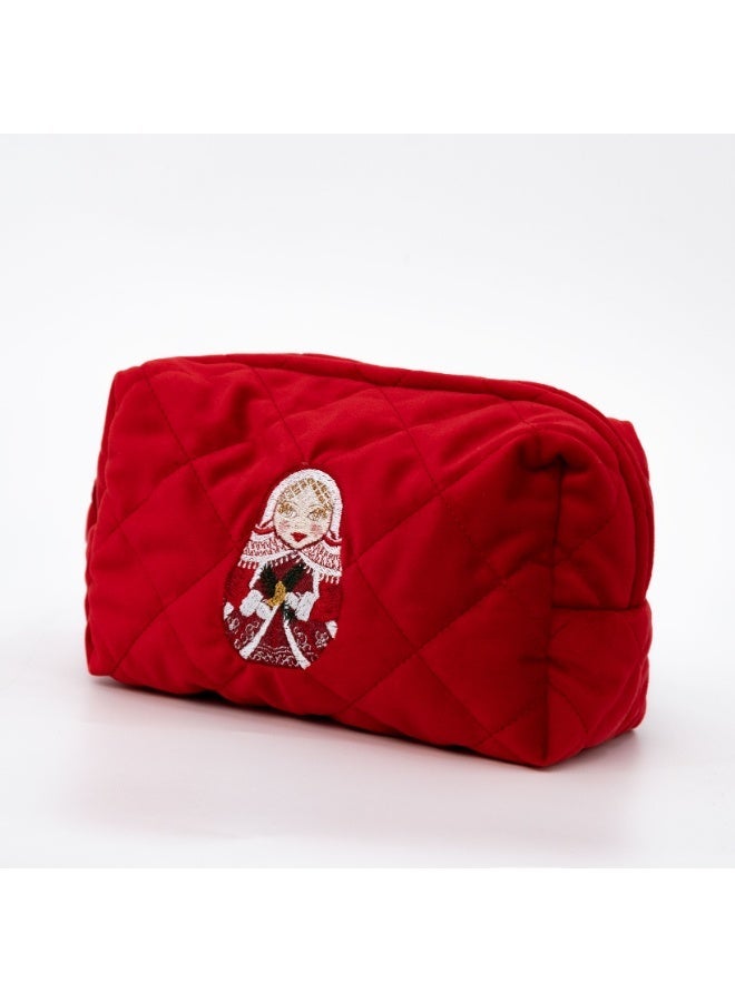 MOMO FOR HOME Red Velvet Cosmetic Bag with Matryoshka Embroidery, Travel Makeup Pouch for Women - Image 1