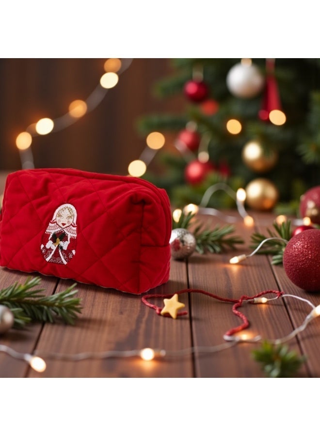 MOMO FOR HOME Red Velvet Cosmetic Bag with Matryoshka Embroidery, Travel Makeup Pouch for Women - Image 3