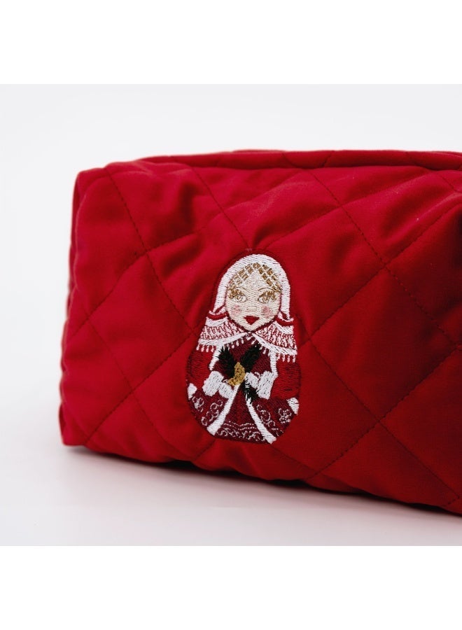MOMO FOR HOME Red Velvet Cosmetic Bag with Matryoshka Embroidery, Travel Makeup Pouch for Women - Image 2