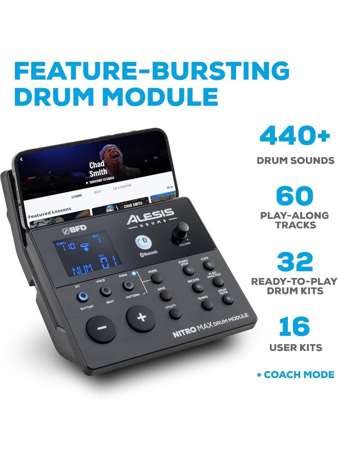 Alesis Nitro Max Kit Electric Drum Set with Quiet Mesh Pads, 10" Dual Zone Snare, Bluetooth, 440+ Authentic Sounds, Drumeo, USB MIDI, Kick Pedal - Image 3