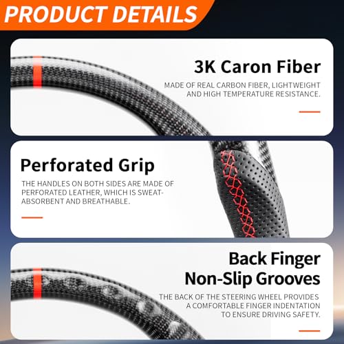 JIANGGAI D-Shaped Steering Wheel, Perforated Leather Grip Real Carbon Fiber Steering Wheel Fit for Chevrolet Camaro 2012-2015 - Image 3