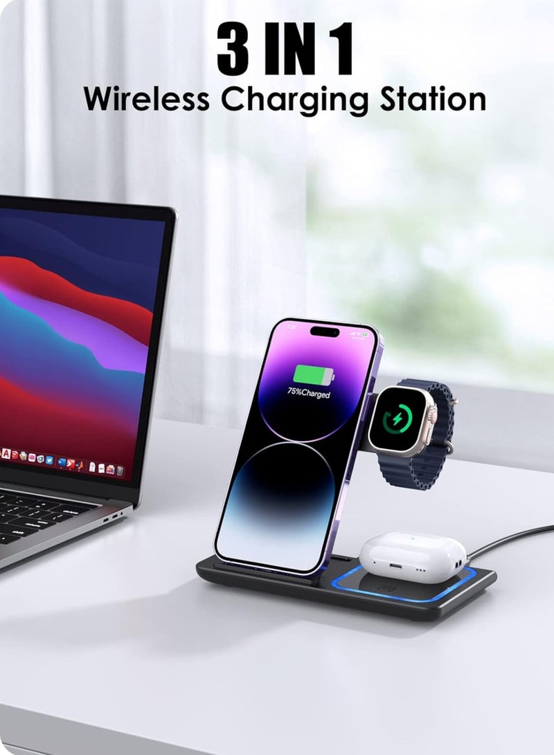 3-in-1 Wireless Charging Station for Apple  Samsung | Fast Charger Stand for iPhone 14 13 12 11 Pro Max XS 8, AirPods 3/2/Pro, iWatch 8-2 | Foldable Dock | Portable  Compact – Black - Image 2
