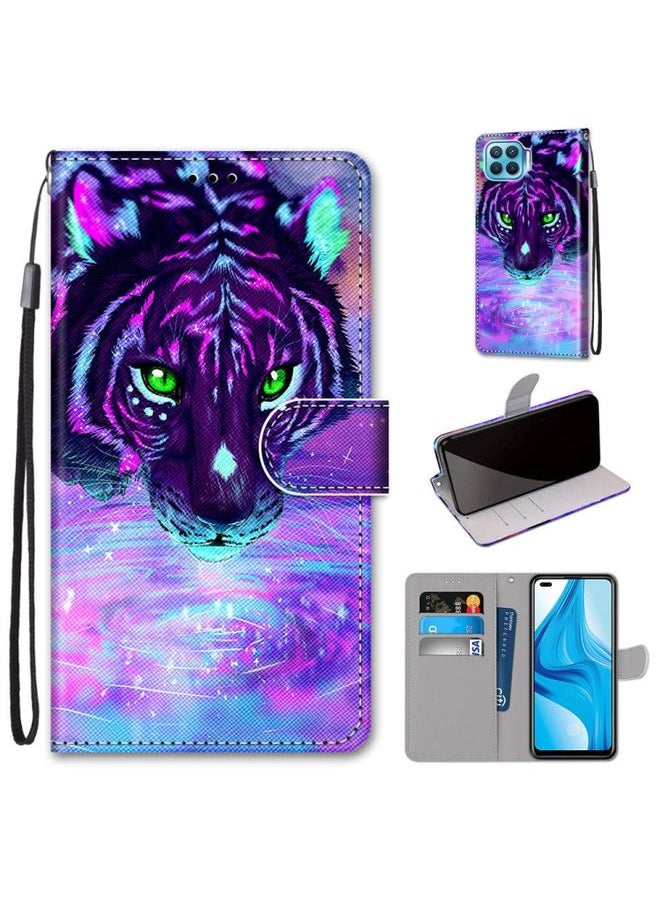 HuHa Case Cover For OPPO F17 Pro / A93 4G / Reno4 Lite / Reno4 F Coloured Drawing Cross Texture Horizontal Flip PU Leather Case with Holder & Card Slots & Wallet & Lanyard Tiger Drinking Water 