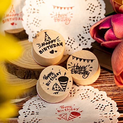 JZTang 6 Pcs Wooden Stamps Set Round Wooden Rubber Stamps for Card Making Happy Birthday Pattern Rubber Stamp for DIY Craft Card and Scrapbooking (Happy Birthday Stamps) - Image 2