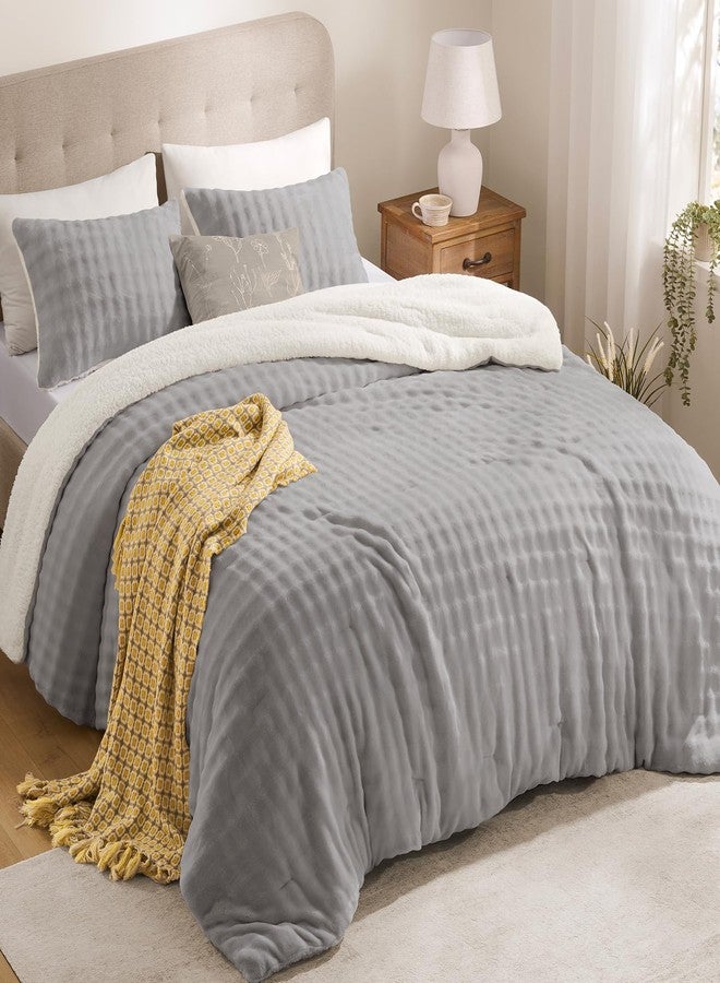 downluxe Micromink Sherpa King Comforter Set - Fluffy Bedding Gray 3D Puff Grid, Ultra Soft & Warm Plush Comforter for Winter (1 Comforter, 2 Pillowcases) - Image 1
