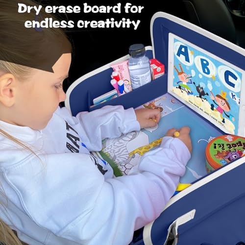 MENZOKE Car Seat Tray for Kids with Educational Drawing Board, Tablet Holder & Cooler Cup Holder, Essential for Car Travel & Airplane Trips, Space Pattern Design, Dark Blue - Image 3