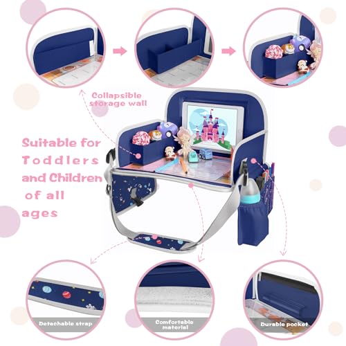 MENZOKE Car Seat Tray for Kids with Educational Drawing Board, Tablet Holder & Cooler Cup Holder, Essential for Car Travel & Airplane Trips, Space Pattern Design, Dark Blue - Image 5