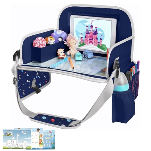 MENZOKE Car Seat Tray for Kids with Educational Drawing Board, Tablet Holder & Cooler Cup Holder, Essential for Car Travel & Airplane Trips, Space Pattern Design, Dark Blue - Image 1