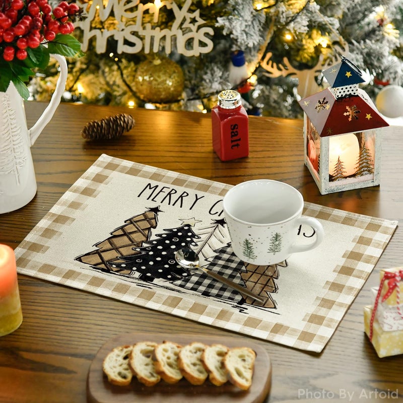 Artoid Mode Watercolor Brown Buffalo Plaid Christmas Trees Placemats Set of 4  12x18 Inch Winter Table Mats for Party Kitchen Dining Decoration - Image 3