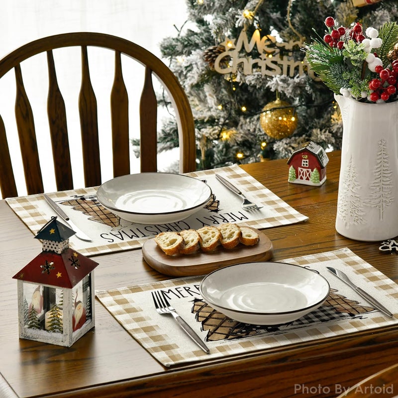 Artoid Mode Watercolor Brown Buffalo Plaid Christmas Trees Placemats Set of 4  12x18 Inch Winter Table Mats for Party Kitchen Dining Decoration - Image 4