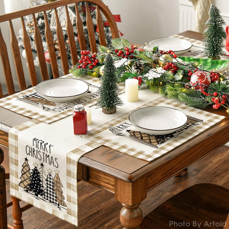 Artoid Mode Watercolor Brown Buffalo Plaid Christmas Trees Placemats Set of 4  12x18 Inch Winter Table Mats for Party Kitchen Dining Decoration - Image 5