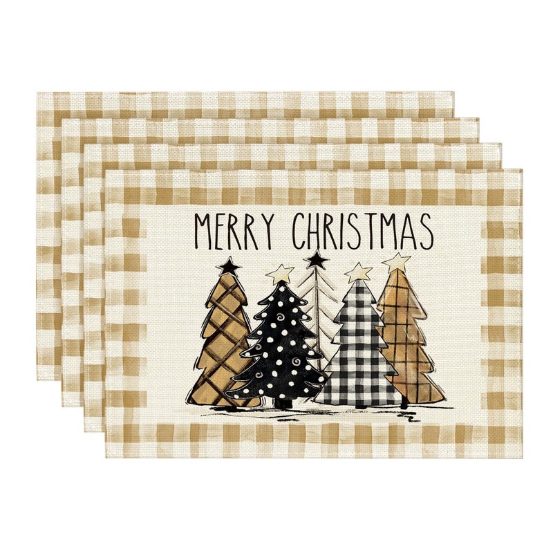 Artoid Mode Watercolor Brown Buffalo Plaid Christmas Trees Placemats Set of 4  12x18 Inch Winter Table Mats for Party Kitchen Dining Decoration - Image 1