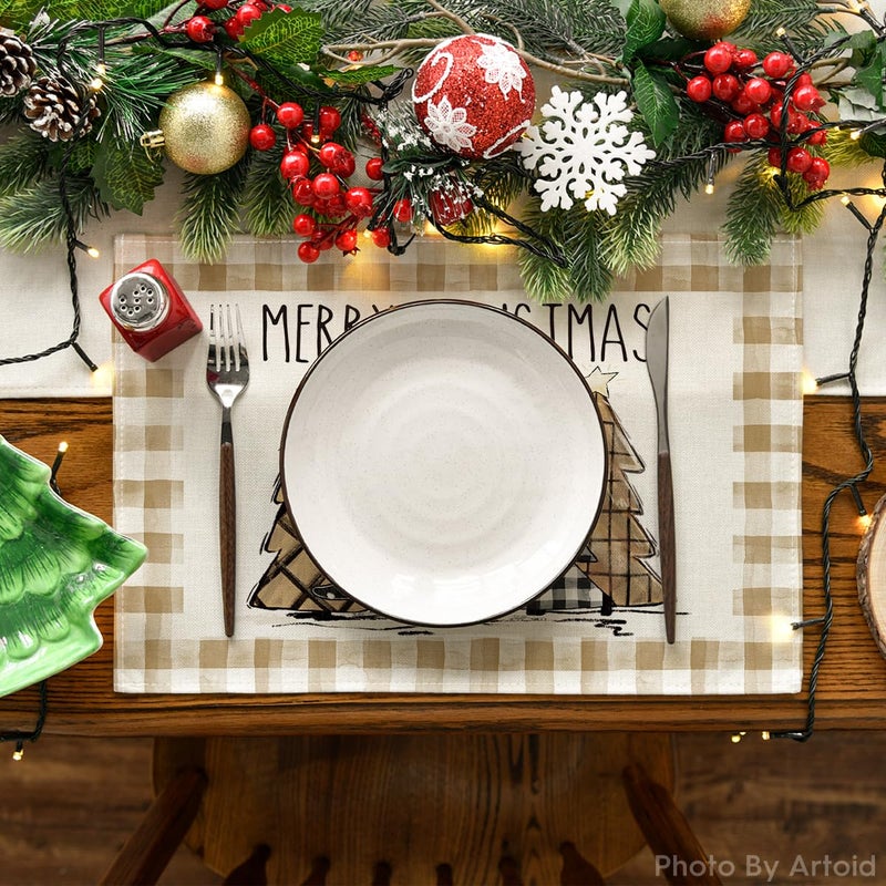 Artoid Mode Watercolor Brown Buffalo Plaid Christmas Trees Placemats Set of 4  12x18 Inch Winter Table Mats for Party Kitchen Dining Decoration - Image 2